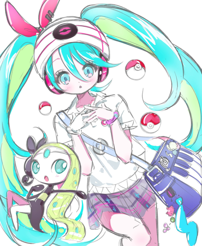 1girl :o aqua_hair bag bag_charm beanie blue_bag blue_eyes blush bracelet charm_(object) collared_shirt commentary_request cowboy_shot gloves green_hair grey_skirt hair_between_eyes hair_ribbon hands_up hat hatsune_miku headphones highres jewelry korean_commentary long_hair looking_at_viewer meloetta meloetta_(aria) mipi_(u3u_00) multicolored_hair own_hands_together piano_print plaid plaid_skirt pleated_skirt poke_ball poke_ball_(basic) pokemon pokemon_(creature) polo_shirt project_voltage psychic_miku_(project_voltage) red_ribbon ribbon shirt short_sleeves shoulder_bag simple_background single_glove skirt solo twintails very_long_hair vocaloid white_background white_gloves white_headwear white_shirt