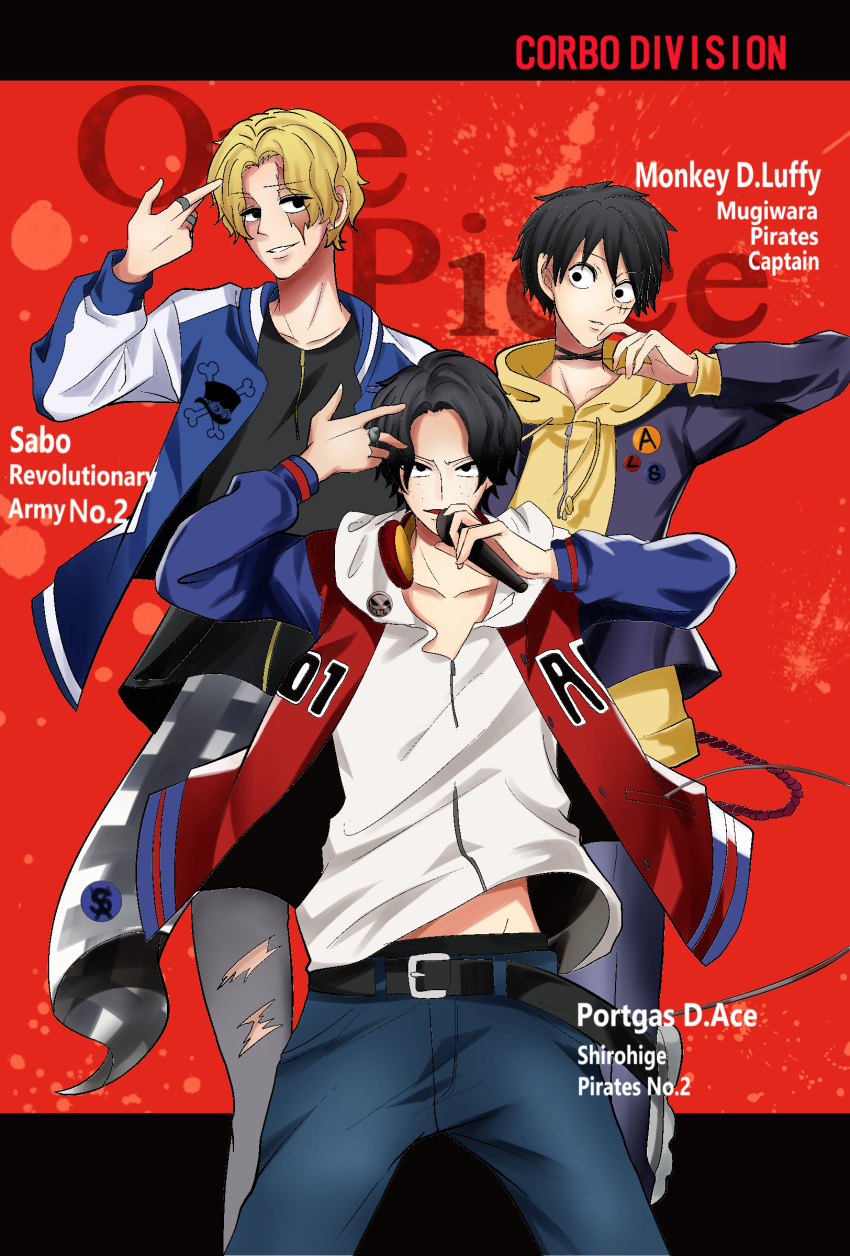 3boys absurdres alternate_costume black_eyes black_hair blonde_hair buster_bros!!! character_name cosplay crossover derivative_work english_text freckles highres holding holding_microphone hypnosis_mic hypnosis_microphone jewelry long_sleeves looking_at_viewer male_focus matsu7matsu microphone monkey_d._luffy multiple_boys one_piece parody portgas_d._ace ring sabo_(one_piece) scar scar_across_eye short_hair smile yamada_ichiro yamada_ichiro_(cosplay) yamada_jiro yamada_jiro_(cosplay) yamada_saburo yamada_saburo_(cosplay)