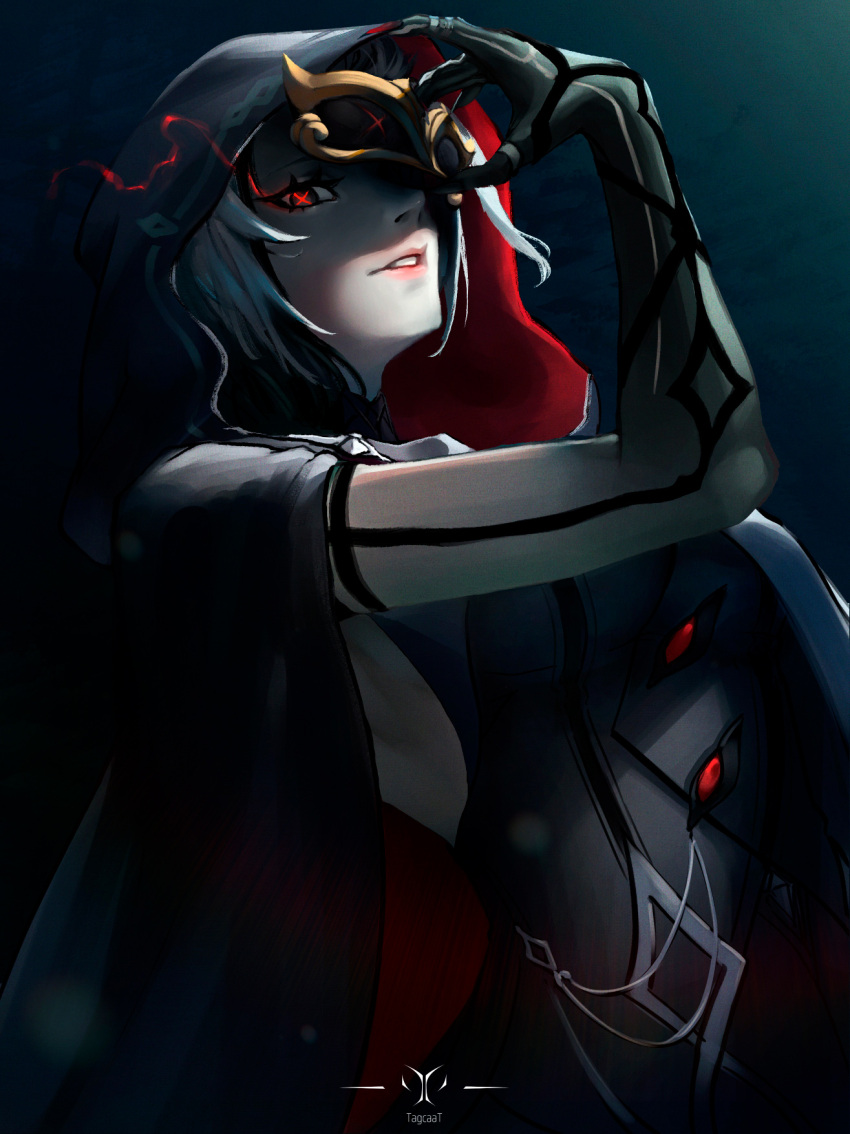1girl arlecchino_(genshin_impact) artist_logo black_cape black_eyes black_hair black_hands cape eye_mask fingernails genshin_impact high_collar highres holding holding_mask hood hood_up hooded_cape looking_at_viewer mask multicolored_hair parted_lips red_pupils sharp_fingernails smile solo streaked_hair symbol-shaped_pupils tagcaat two-tone_hair upper_body white_hair x-shaped_pupils