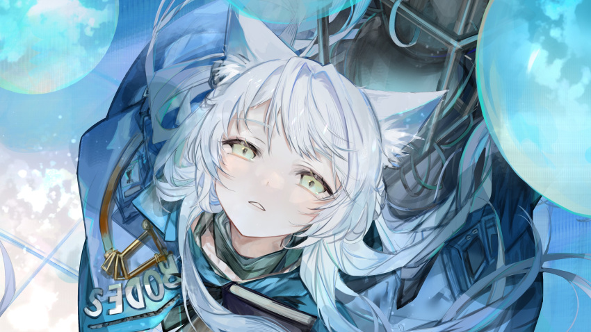 1girl a_chxoblc absurdres animal_ear_fluff animal_ears arknights blue_cloak blush book bubble cat_ears cat_girl cloak green_eyes grey_hair highres holding holding_book hood hooded_cloak looking_up parted_lips rhodes_island_logo rosmontis_(arknights) solo tile_floor tiles upper_body