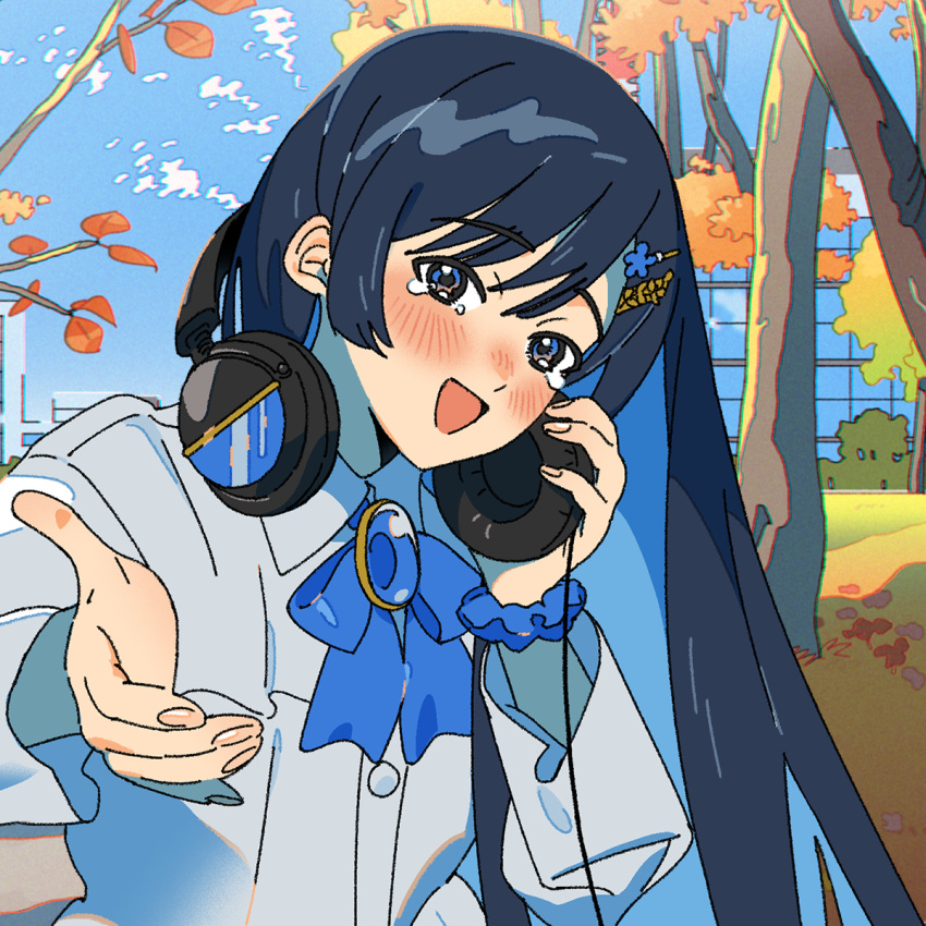1girl autumn_leaves beckoning black_hair blue_bow blue_bowtie blue_brooch blue_eyes blue_hair blue_sky blush bow bowtie cable cevio collared_shirt colored_inner_hair commentary_request day futaba_minato grey_shirt hair_ornament hairclip head_tilt headphones headphones_around_neck highres holding holding_headphones long_hair long_sleeves looking_at_viewer momonosa_oekaki multicolored_hair outdoors outstretched_hand reaching reaching_towards_viewer scrunchie shirt sky smile solo tearing_up tree upper_body wrist_scrunchie