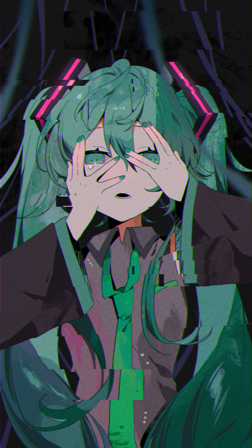 1girl absurdres collared_shirt commentary detached_sleeves doping_dance_(vocaloid) frown glitch green_hair green_nails green_necktie grey_shirt hair_ornament half-closed_eyes hands_on_own_face hands_up hatsune_miku highres long_hair looking_at_viewer loose_necktie necktie omutatsu open_mouth peeking_through_fingers shirt sleeveless sleeveless_shirt solo straight-on tearing_up upper_body vocaloid