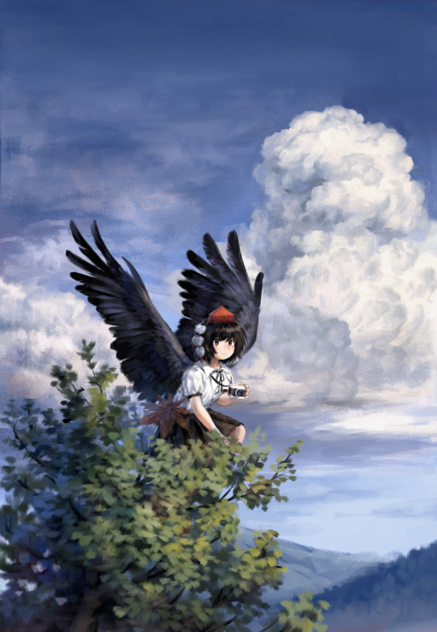 1girl bird_wings black_hair black_skirt black_wings camera closed_mouth clouds collared_shirt cumulonimbus_cloud day feathered_wings hat hauchiwa highres holding holding_camera looking_at_viewer outdoors pom_pom_(clothes) red_eyes red_headwear satellitedragon shameimaru_aya shirt short_hair short_sleeves skirt smile solo tokin_hat touhou tree white_shirt wings