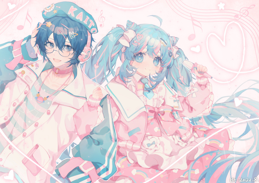 1boy 1girl :d absurdres ahoge apron aqua_eyes aqua_hair artist_name belt bkkkkk blue_eyes blue_hair blue_jacket blue_nails blue_shirt bow character_name choker closed_mouth collared_jacket commentary cone_hair_bun dated dress frilled_skirt frills glasses hair_bow hair_bun hair_ornament hairclip hatsune_miku heart heart_hair_ornament highres holding holding_microphone jacket jewelry kaito_(vocaloid) long_hair long_sleeves looking_at_viewer maid_apron microphone multicolored_clothes multicolored_hair multicolored_jacket note o-ring o-ring_choker open_clothes open_jacket open_mouth pendant pink_belt pink_dress pink_hair pink_jacket pink_shirt ribbon semi-rimless_eyewear shirt short_hair skirt smile streaked_hair striped striped_shirt symbol-only_commentary treble_clef twintails under-rim_eyewear upper_body very_long_hair vocaloid white_apron white_jacket white_ribbon