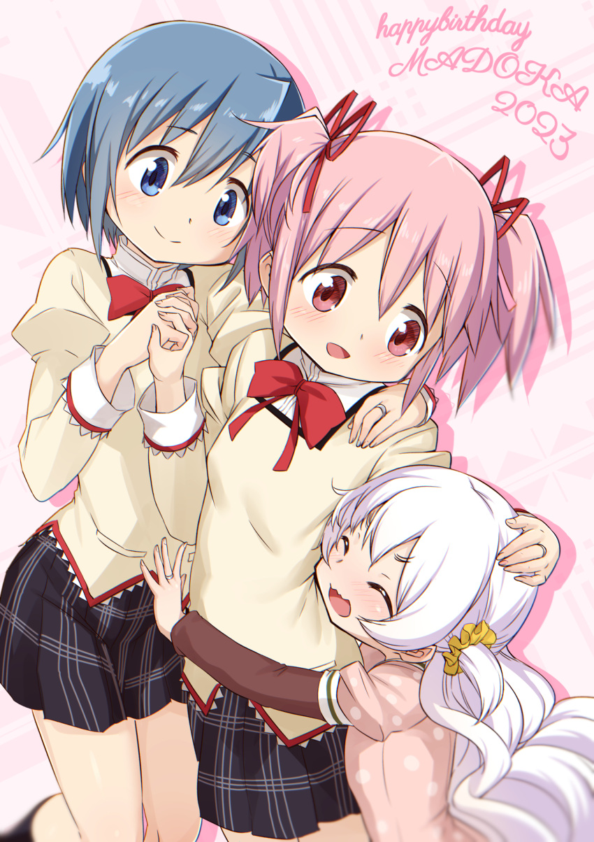 3girls abutomato black_skirt blue_eyes child closed_eyes closed_mouth commentary_request hair_ornament hair_scrunchie height_difference high_collar highres holding_hands hug jewelry juliet_sleeves kaname_madoka light_blush long_hair long_sleeves mahou_shoujo_madoka_magica mahou_shoujo_madoka_magica:_hangyaku_no_monogatari miki_sayaka momoe_nagisa multiple_girls neck_ribbon open_mouth pink_eyes plaid plaid_skirt pleated_skirt polka_dot polka_dot_shirt puffy_sleeves red_ribbon ribbon ring scrunchie shirt short_hair short_twintails skirt smile twintails two_side_up wavy_hair white_hair yellow_scrunchie