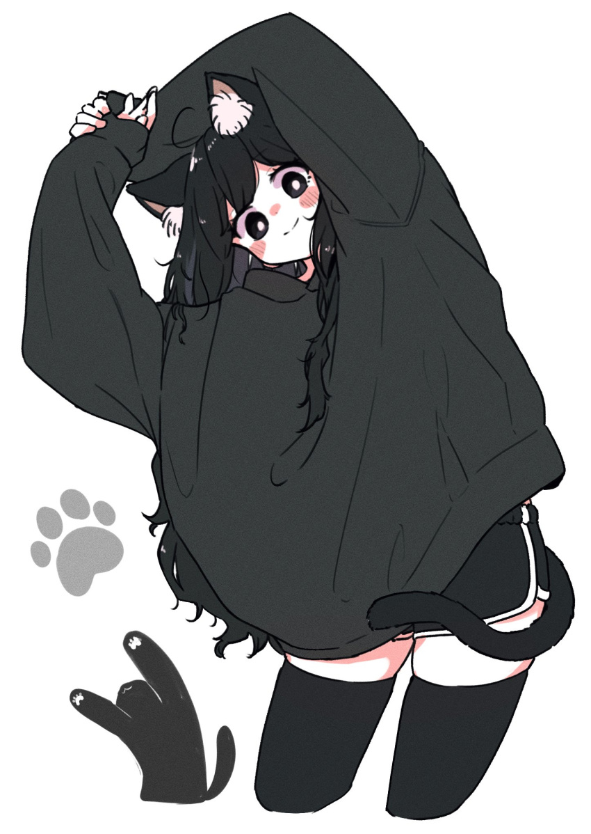 ahoge animal_ears animal_hands arms_up black_eyes black_hair black_hoodie black_shorts blush cat cat_ears cat_paws cat_tail highres hood hoodie long_hair megateru messy_hair original oversized_clothes own_hands_together shorts simple_background skindentation smile tail tareme thigh-highs very_long_hair wavy_hair white_background