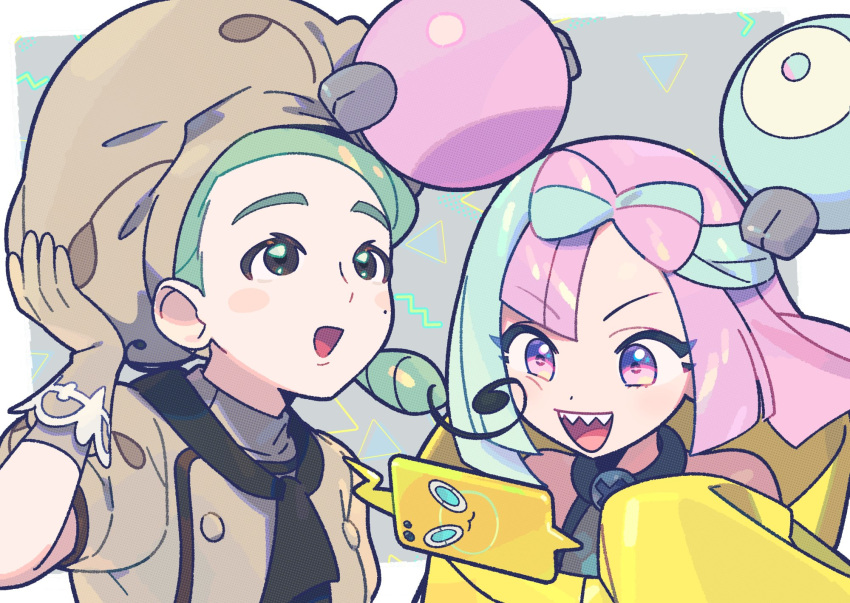 2girls :d ascot blush_stickers bow-shaped_hair buttons character_hair_ornament commentary_request gloves green_hair grey_background grey_shirt hair_ornament hand_up hat highres iono_(pokemon) jacket katy_(pokemon) mole mole_on_cheek multicolored_hair multiple_girls open_mouth pink_eyes pink_hair pokemon pokemon_(game) pokemon_sv rotom rotom_phone shirt sleeveless sleeveless_shirt smile teeth tongue two-tone_hair u2t5k2s5 upper_body upper_teeth_only yellow_jacket
