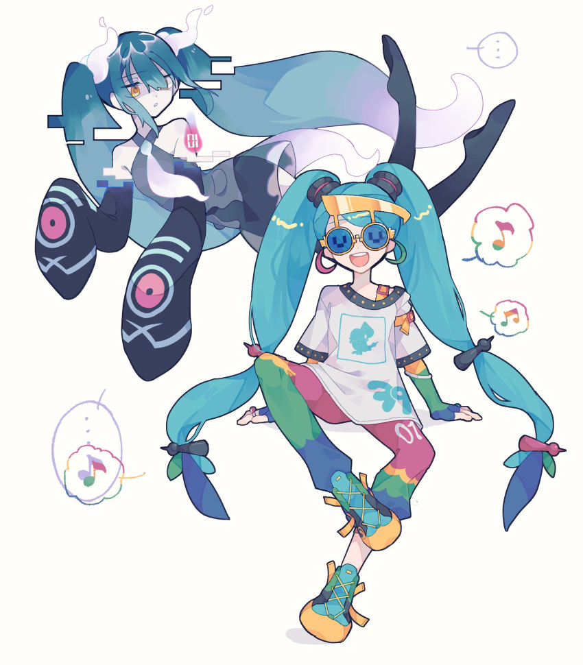 2girls absurdres aqua_hair bare_shoulders black_thighhighs chatot detached_sleeves ghost ghost_miku_(project_voltage) glitch gradient_hair grey_shirt hair_between_eyes hatsune_miku highres jewelry long_hair multicolored_hair multicolored_pants multiple_girls multiple_hairpins musical_note necktie normal_miku_(project_voltage) open_mouth pale_skin pants parted_lips pokemon project_voltage ring see-through see-through_skirt shirt shoes simple_background skirt sleeves_past_fingers sleeves_past_wrists smile sneakers sunglasses thigh-highs twintails umenatto710 very_long_hair vocaloid white_background will-o'-the-wisp_(mythology) yellow_eyes