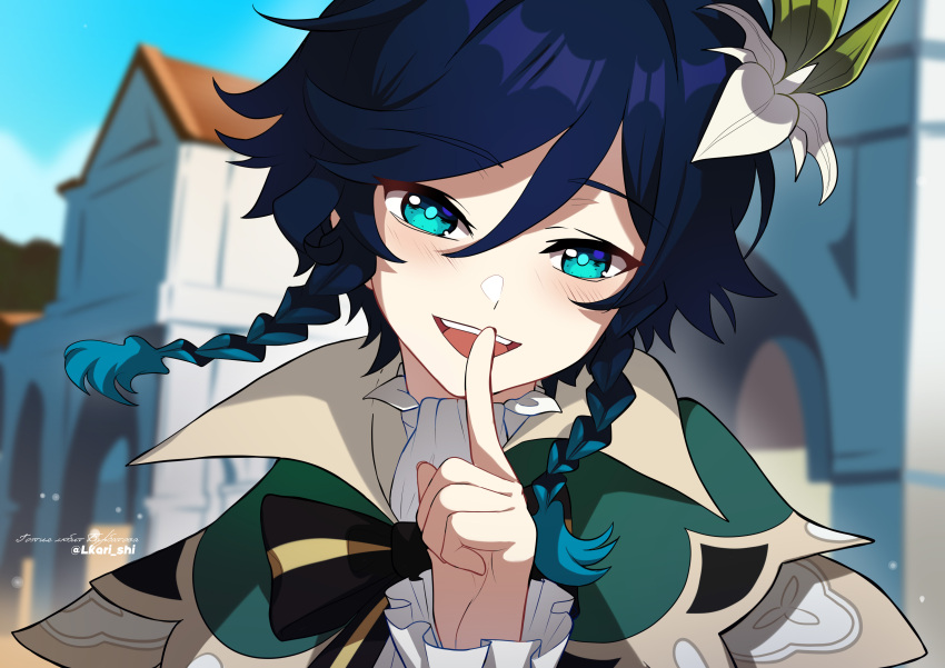 1boy absurdres androgynous aqua_eyes aqua_hair artist_name black_bow blue_hair blue_sky blurry blush bow braid building cape cecilia_flower_(genshin_impact) collared_cape dark_blue_hair depth_of_field english_commentary finger_to_mouth flower frilled_sleeves frills genshin_impact gradient_hair green_cape hair_flower hair_ornament hand_up highres index_finger_raised lkari_shi long_sleeves looking_at_viewer male_focus multicolored_hair no_headwear open_mouth outdoors portrait short_hair_with_long_locks shushing side_braids signature sky solo teeth twin_braids twitter_username two-tone_hair upper_teeth_only venti_(genshin_impact) white_flower