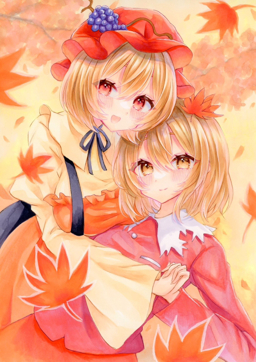2girls aki_minoriko aki_shizuha autumn_leaves blonde_hair closed_mouth commentary_request dress food fruit grapes hat highres indoors juliet_sleeves long_sleeves looking_at_viewer mob_cap multiple_girls natsume_nadeshiko open_mouth orange_dress puffy_sleeves red_eyes red_headwear red_shirt red_skirt shirt short_hair siblings sisters skirt smile touhou yellow_eyes