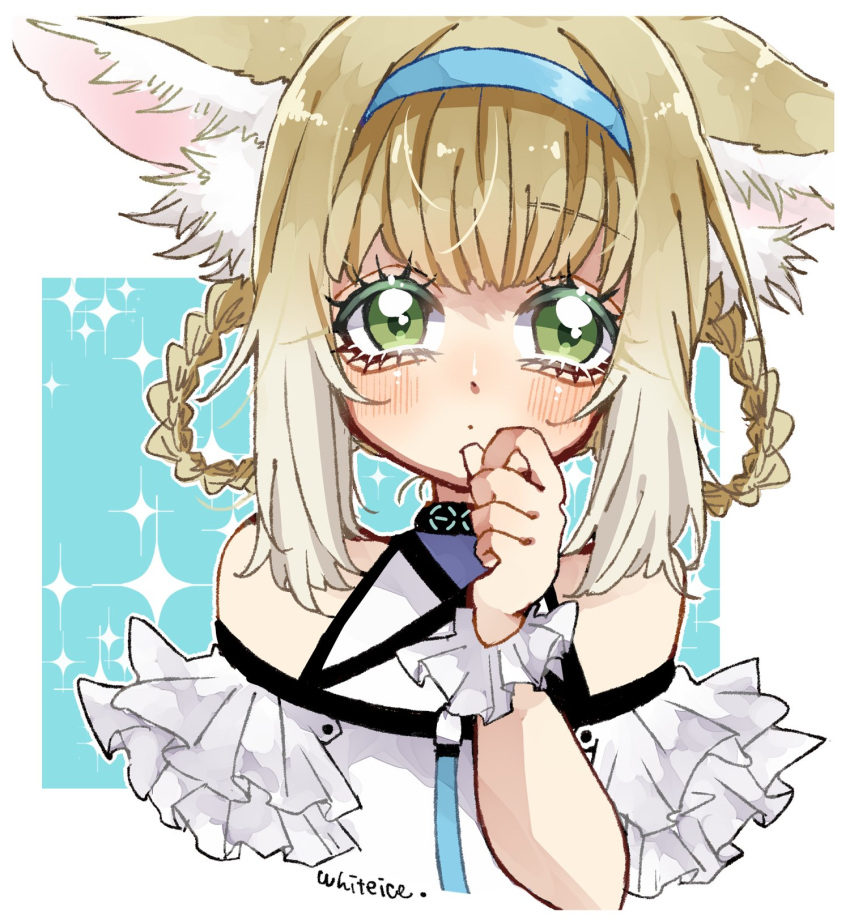 1girl animal_ear_fluff animal_ears arknights bare_shoulders black_collar blonde_hair blue_hairband blush braid braided_hair_rings closed_mouth collar commentary dot_mouth fox_ears fox_girl frilled_sleeves frills green_eyes hair_rings hairband hand_to_own_mouth highres infection_monitor_(arknights) looking_at_viewer shirogoori short_hair short_sleeves solo suzuran_(arknights) twin_braids upper_body wrist_cuffs