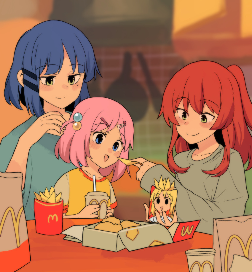 3girls :d absurdres aged_down bag blue_eyes blue_hair blue_shirt bocchi_the_rock! chicken_nuggets commentary cup disposable_cup gotoh_hitori green_eyes grey_shirt hair_bobbles hair_ornament highres hinghoi holding holding_cup indoors long_sleeves looking_at_another mcdonald's multiple_girls paper_bag parody pink_hair redhead shirt short_hair smile yellow_shirt