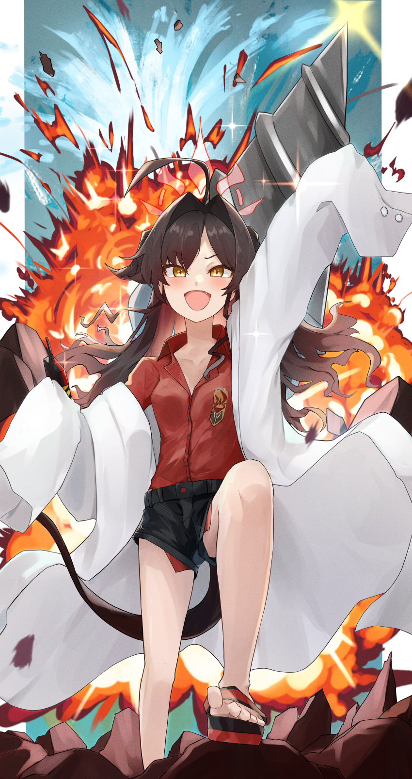 1girl absurdres ahoge black_hair black_horns black_shorts blue_archive chankuro coat collared_shirt demon_horns fang hair_intakes highres horns kasumi_(blue_archive) lab_coat long_hair open_mouth oversized_clothes red_shirt shirt shirt_tucked_in shorts sleeves_past_fingers sleeves_past_wrists smile solo white_coat yellow_eyes