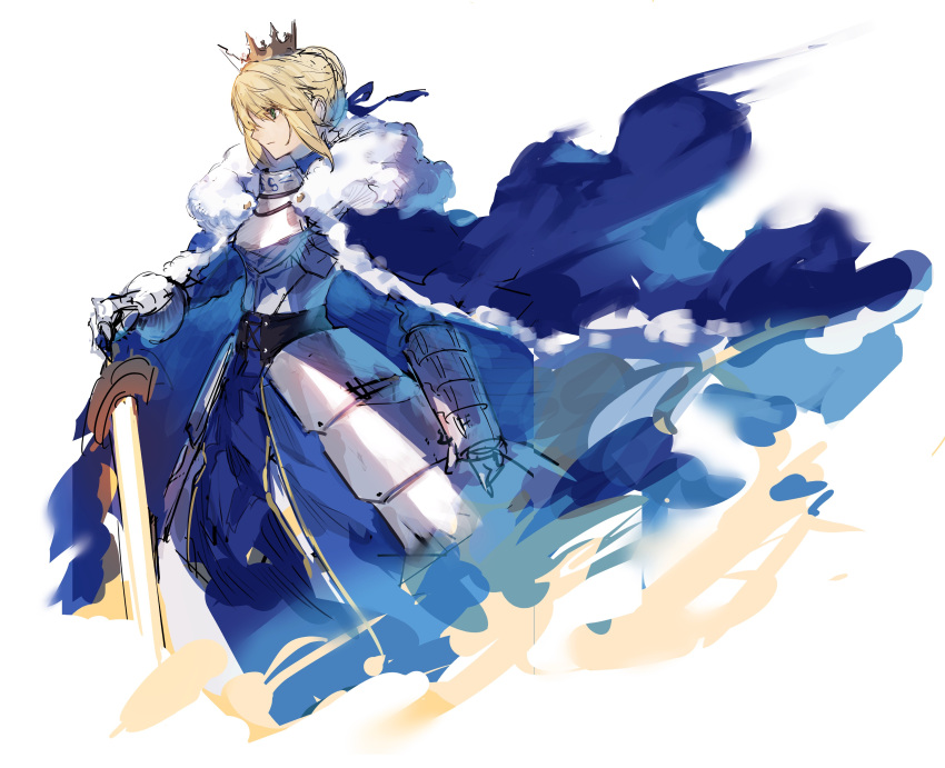 1girl absurdres armor armored_dress artoria_pendragon_(fate) blonde_hair blue_cape blue_dress blue_ribbon braid breastplate cape closed_mouth commentary crown dress fate/grand_order fate/stay_night fate_(series) french_braid fur-trimmed_cape fur_trim gauntlets green_eyes hair_ribbon highres holding holding_sword holding_weapon kamonegi_(meisou1998) plackart profile ribbon saber short_hair solo sword weapon white_background
