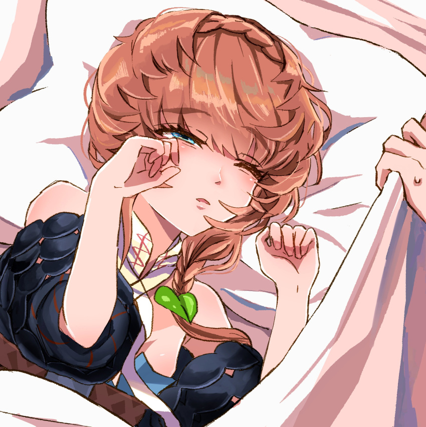 1girl 1other absurdres belt black_sleeves blue_eyes blue_overalls blush braid brown_hair crown_braid fate/grand_order fate_(series) flat_chest highres lying on_side one_eye_closed open_mouth overalls pillow puffy_short_sleeves puffy_sleeves rubbing_eyes sheet_grab shimogamo_(shimomo_12) short_sleeves side_braid sleepy upper_body van_gogh_(fate)