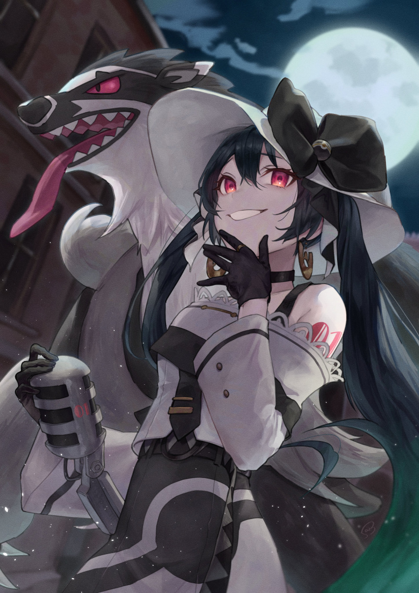1girl absurdres bare_shoulders black_choker black_gloves black_ribbon bossan_3310 choker dark_green_hair dark_miku_(project_voltage) earrings evil_smile gloves hat hat_ribbon hatsune_miku highres holding holding_microphone jewelry long_hair long_sleeves luxury_ball microphone moon night night_sky obstagoon poke_ball pokemon pokemon_(creature) project_voltage red_eyes ribbon ring sky smile tongue tongue_out twintails uneven_twintails very_long_hair vocaloid