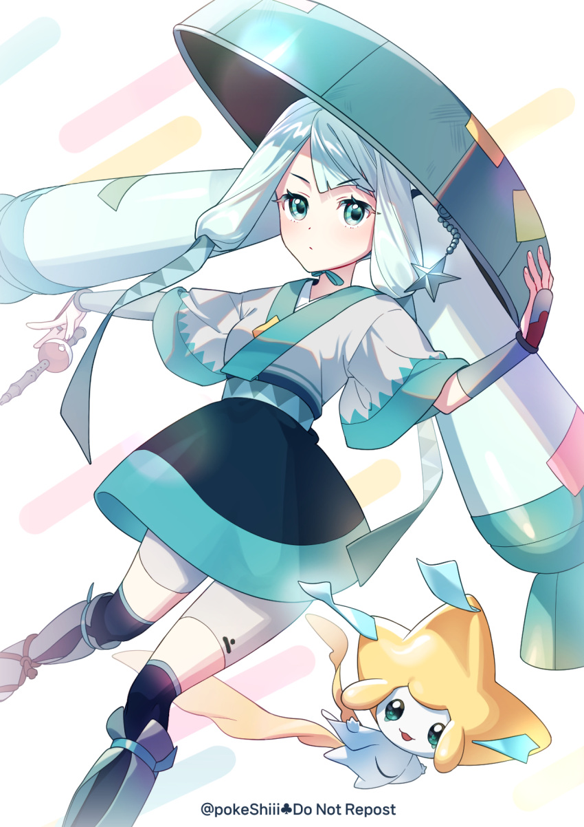 1girl :d black_skirt black_thighhighs blue_eyes blue_hair blue_headwear blue_skirt chin_strap closed_mouth commentary flute grey_kimono grey_shorts hat hat_ornament hatsune_miku highres instrument japanese_clothes jirachi kimono light_blue_hair long_hair miniskirt over-kneehighs poke_flute pokemon pokemon_(creature) project_voltage sandogasa shi_mohaji shorts shorts_under_skirt skirt smile solo star_(symbol) star_hat_ornament steel_miku_(project_voltage) symbol-only_commentary tanzaku thigh-highs third_eye_on_chest twintails twitter_username two-tone_skirt very_long_hair vocaloid wide_sleeves