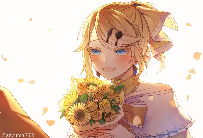 1boy 1girl aku_no_musume_(vocaloid) allen_avadonia aryuma772 backlighting blonde_hair blue_eyes blue_gemstone blush bouquet bow brother_and_sister choker colored_eyelashes detached_collar dress dress_bow earrings evillious_nendaiki falling_petals flower gem hair_bow hair_ornament hairclip happy high_ponytail highres holding holding_bouquet jacket jewelry kagamine_len kagamine_rin off-shoulder_dress off_shoulder open_mouth orange_jacket petals riliane_lucifen_d'autriche rose siblings sidelocks smile solo_focus sunflower swept_bangs twins twitter_username updo vocaloid white_background yellow_bow yellow_choker yellow_flower yellow_rose