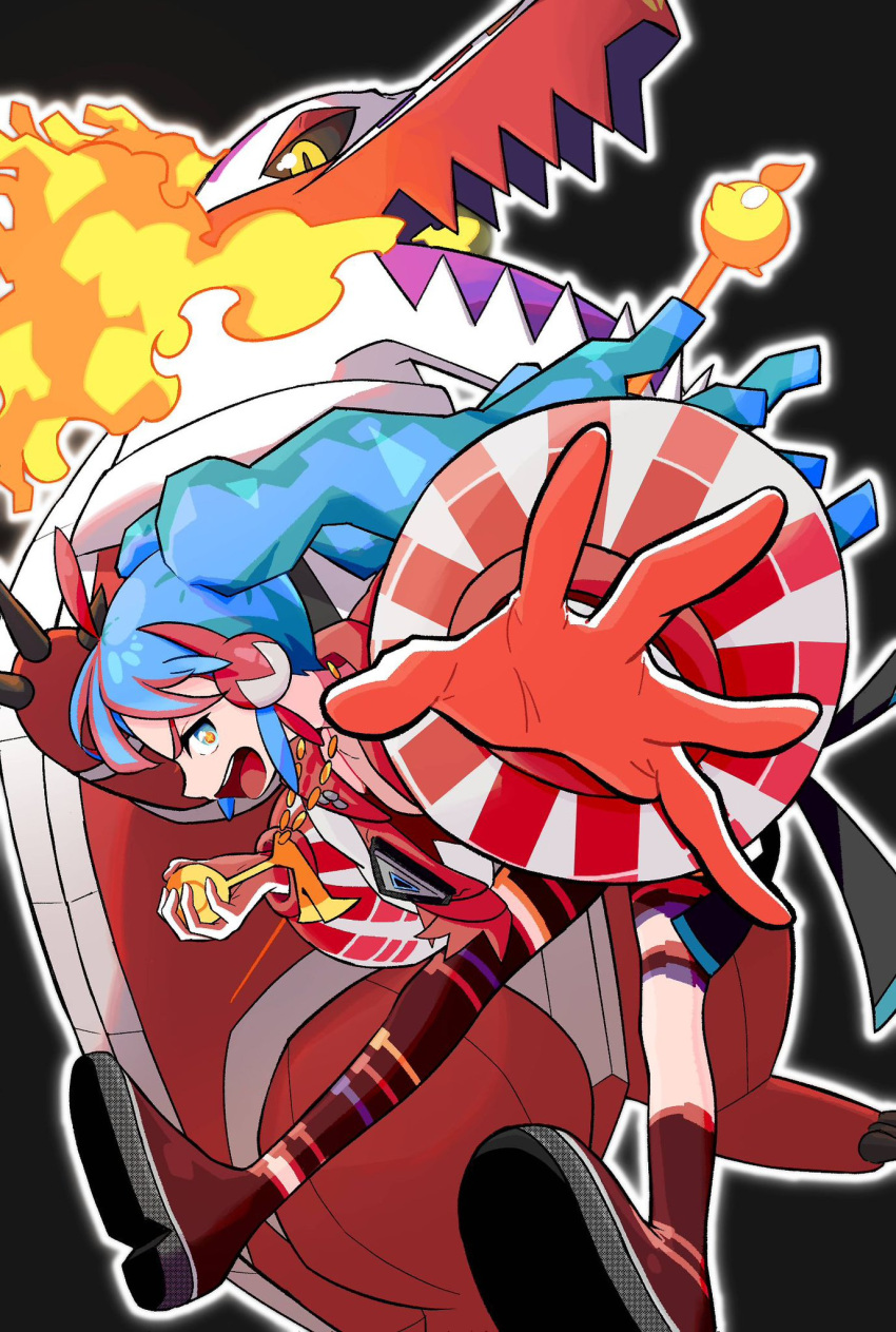 1girl ahoge blue_eyes blue_hair crocodilian fire fire_bird_(skeledirge) fire_miku_(project_voltage) hatsune_miku highres jacket jewelry keeno-ringo46 long_hair long_sleeves multicolored_clothes multicolored_hair multicolored_jacket necklace open_mouth orange_pupils pokemon project_voltage puffy_long_sleeves puffy_sleeves red_jacket redhead skeledirge solo streaked_hair teeth twintails two-tone_hair two-tone_jacket upper_teeth_only vocaloid white_jacket