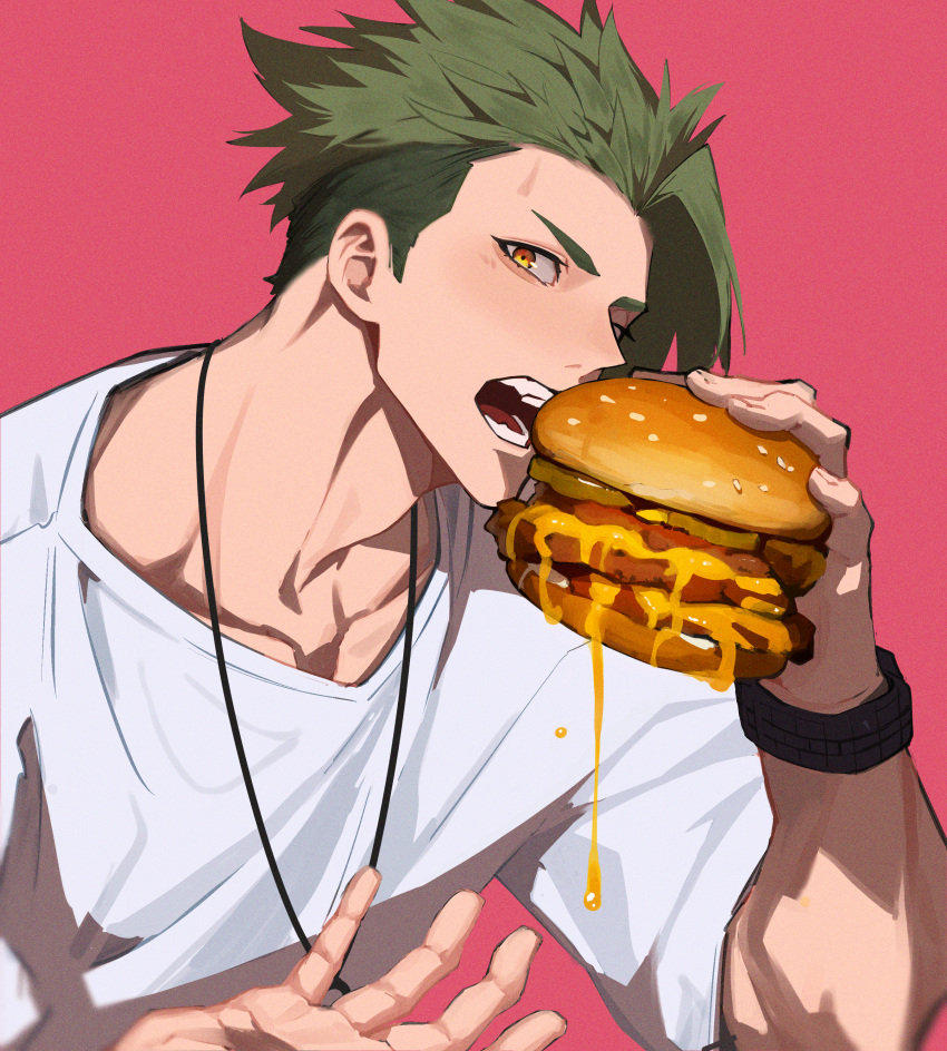1boy absurdres achilles_(fate) burger cheese cheese_trail collarbone eyelashes fate_(series) food green_hair haruakira highres imminent_bite jewelry male_focus muscular muscular_male necklace open_mouth orange_eyes pink_background shirt short_hair sideburns solo t-shirt teeth undercut watch watch white_shirt