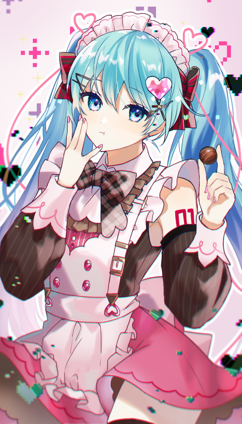 1girl absurdres apron blue_eyes blue_hair bow brown_bow brown_sleeves commentary detached_sleeves gyuentec hair_ornament hatsune_miku heart heart_hair_ornament highres long_hair maid_headdress pink_nails pink_skirt plaid plaid_bow shoulder_tattoo skirt solo striped_sleeves tattoo twintails vocaloid white_apron white_headdress