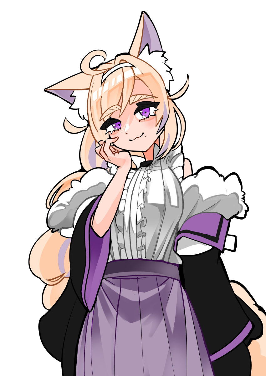 1girl absurdres ahoge animal_ears bags_under_eyes black_jacket blonde_hair braid braided_ponytail center_frills cowboy_shot dog_ears dog_girl dog_tail frilled_shirt frills fur-trimmed_jacket fur_trim hair_between_eyes hairband hand_on_own_cheek hand_on_own_face head_tilt highres hololive jacket koizumi_arata long_hair looking_at_viewer mama_puppy_(fuwamoco) mature_female mole mole_under_mouth multicolored_hair off_shoulder pleated_skirt purple_hair purple_skirt real_life_insert shirt simple_background skirt sleeveless sleeveless_shirt solo streaked_hair tail thick_eyebrows very_long_hair violet_eyes white_background white_hairband white_shirt