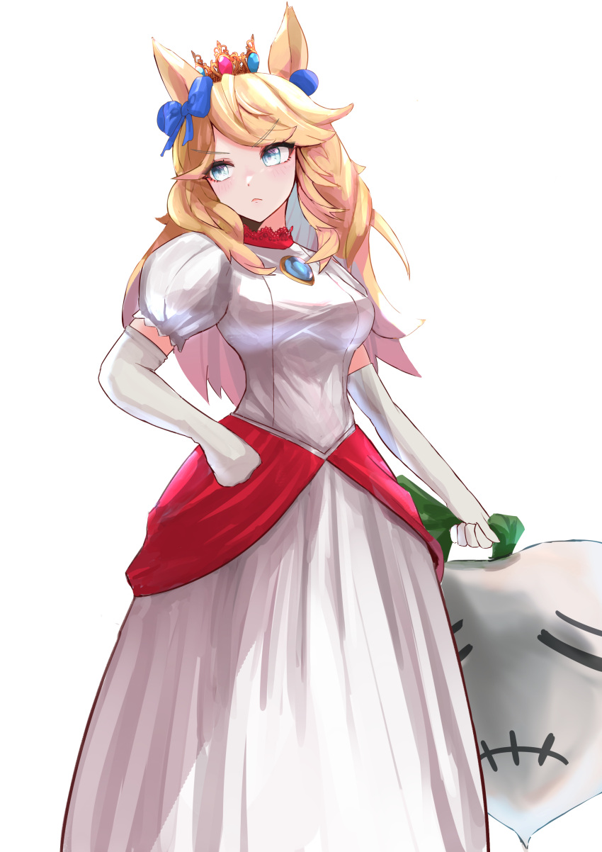 &gt;:( 1girl absurdres animal_ears blonde_hair blue_bow blue_eyes bow breasts brooch commentary_request cosplay cowboy_shot crown dress elbow_gloves fire_peach gloves gold_city_(umamusume) hair_bow highres horse_ears jewelry long_hair medium_breasts mini_crown princess_peach princess_peach_(cosplay) puffy_short_sleeves puffy_sleeves radish rakasei5050 short_sleeves simple_background solo standing super_mario_bros. umamusume v-shaped_eyebrows white_background white_dress white_gloves