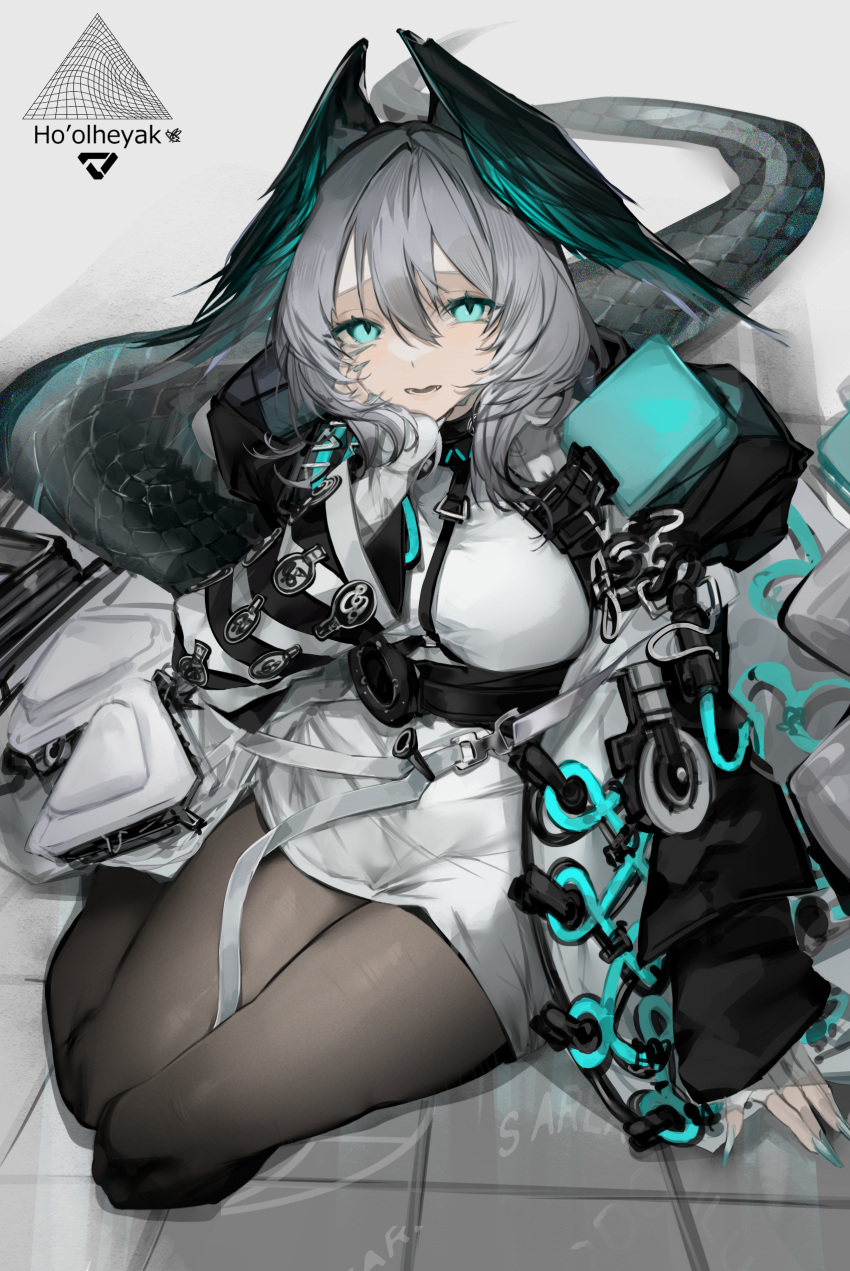 1girl a_chxoblc absurdres aqua_eyes aqua_wings arknights arm_support black_jacket black_pantyhose character_name dress feathered_wings green_nails grey_hair hair_between_eyes hand_on_own_cheek hand_on_own_face head_wings highres ho'olheyak_(arknights) jacket looking_at_viewer open_mouth pantyhose simple_background sitting solo tile_floor tiles white_background white_dress wings yokozuwari