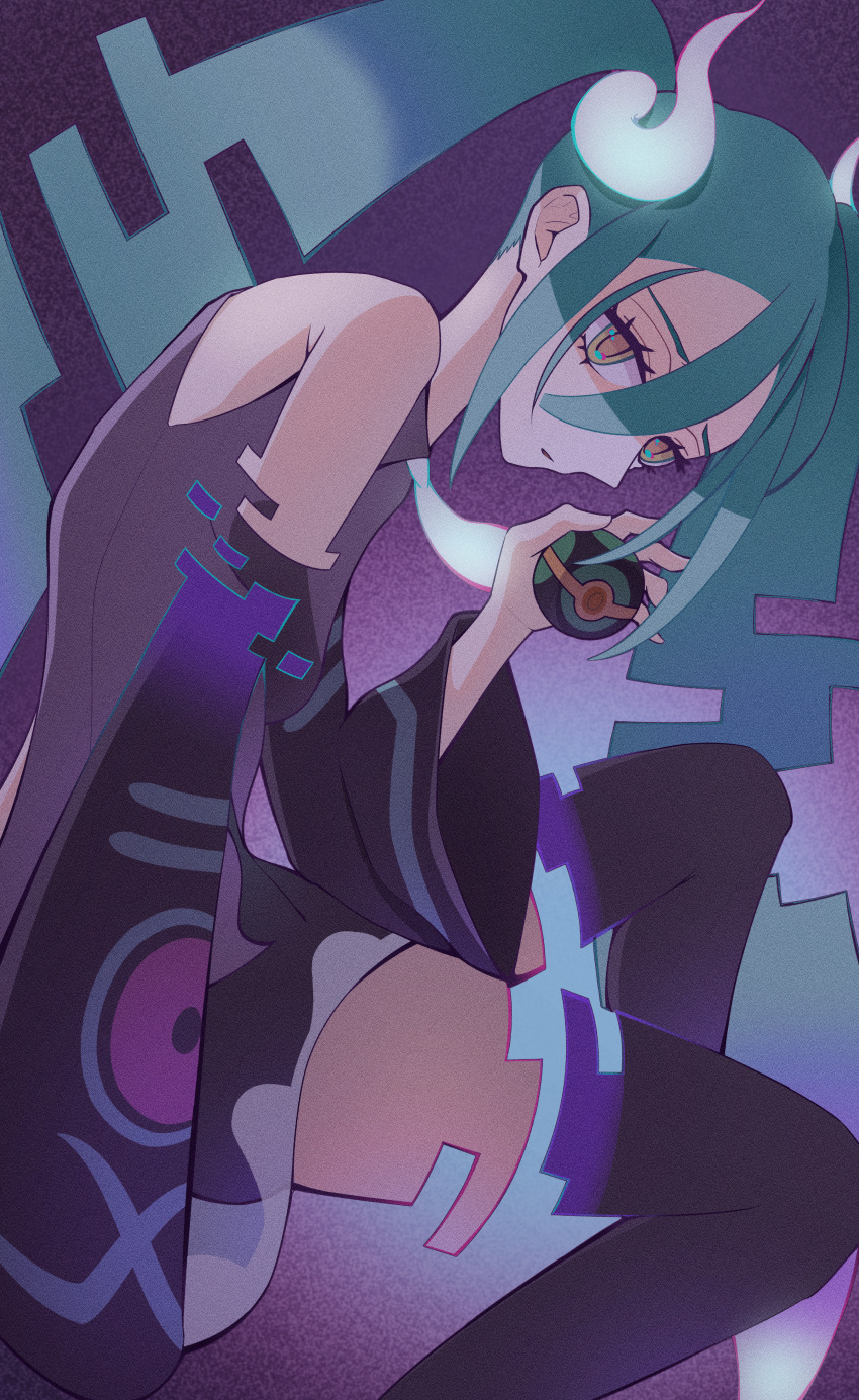 absurdres aqua_hair bare_shoulders black_thighhighs detached_sleeves dusk_ball ghost ghost_miku_(project_voltage) glitch gradient_hair grey_shirt hair_between_eyes hatsune_miku highres long_hair looking_at_viewer msdk multicolored_hair necktie poke_ball pokemon project_voltage see-through see-through_skirt shirt skirt thigh-highs twintails very_long_hair vocaloid will-o'-the-wisp_(mythology) yellow_eyes