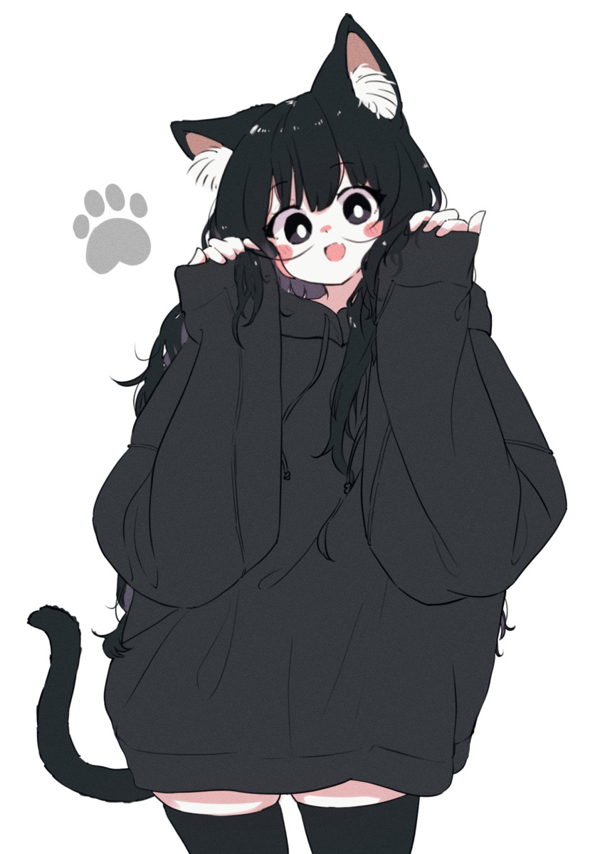 :d animal_ears black_eyes black_hair black_hoodie black_shorts blush cat_ears cat_tail eyelashes fang happy highres hood hoodie long_hair looking_at_viewer megateru messy_hair original oversized_clothes playing_with_own_hair shorts simple_background skin_fang skindentation sleeves_past_fingers sleeves_past_wrists smile tail tareme thigh-highs very_long_hair white_background