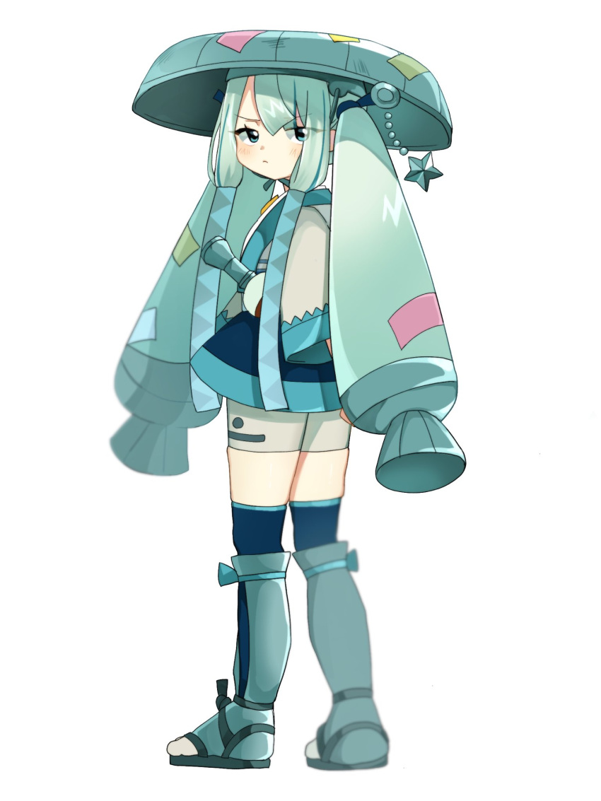 &gt;:( 1girl aqua_hair aqua_headwear blue_eyes blue_hair blue_skirt blue_thighhighs chin_strap closed_mouth eyes_visible_through_hair flute frown full_body hair_between_eyes hat hat_ornament hatsune_miku highres instrument japanese_clothes kimono long_hair miniskirt multicolored_hair over-kneehighs poke_flute pokemon project_voltage q050_8m sandogasa shorts shorts_under_skirt simple_background skirt solo standing star_(symbol) star_hat_ornament steel_miku_(project_voltage) streaked_hair tanzaku thigh-highs twintails two-tone_hair v-shaped_eyebrows very_long_hair vocaloid white_background white_kimono white_shorts
