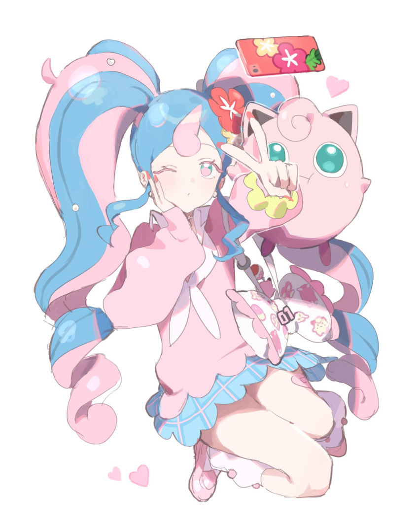 1girl blue_hair blue_skirt cellphone choker fairy_miku_(project_voltage) flower gyaru hair_flower hair_ornament hatsune_miku heart highres jigglypuff long_hair long_sleeves multicolored_hair phone pillow pink_eyes pink_hair pink_nails pink_sweater pokemon pokemon_(creature) project_voltage simple_background skirt smartphone solo streaked_hair sweater taking_picture twintails v very_long_hair vocaloid white_background yuuli_(tuna221022)