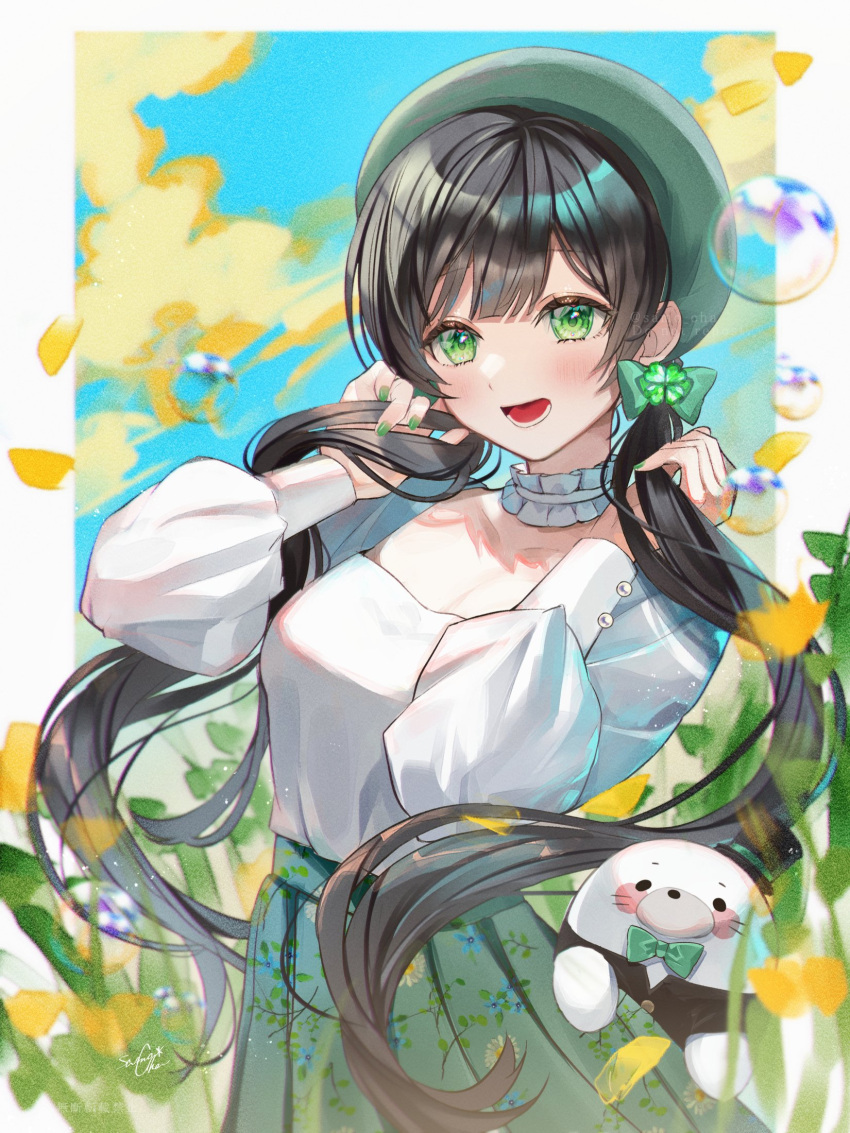 1girl aiceclass beret black_hair blush bow bubble commission green_bow green_eyes green_headwear green_nails green_skirt hair_bow hat highres kotoha_(aiceclass) long_hair open_mouth pleated_skirt samo_cha shirt skeb_commission skirt smile solo twintails virtual_youtuber white_shirt