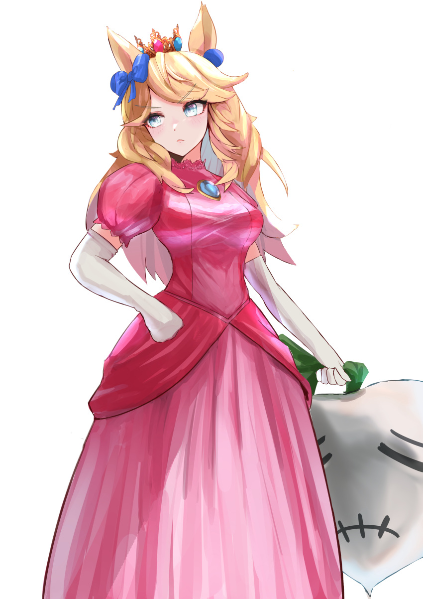 &gt;:( 1girl absurdres animal_ears blonde_hair blue_bow blue_eyes bow breasts brooch commentary_request cosplay cowboy_shot crown dress elbow_gloves gloves gold_city_(umamusume) hair_bow highres horse_ears jewelry long_hair medium_breasts mini_crown pink_dress princess_peach princess_peach_(cosplay) puffy_short_sleeves puffy_sleeves radish rakasei5050 short_sleeves simple_background solo standing super_mario_bros. umamusume v-shaped_eyebrows white_background white_gloves