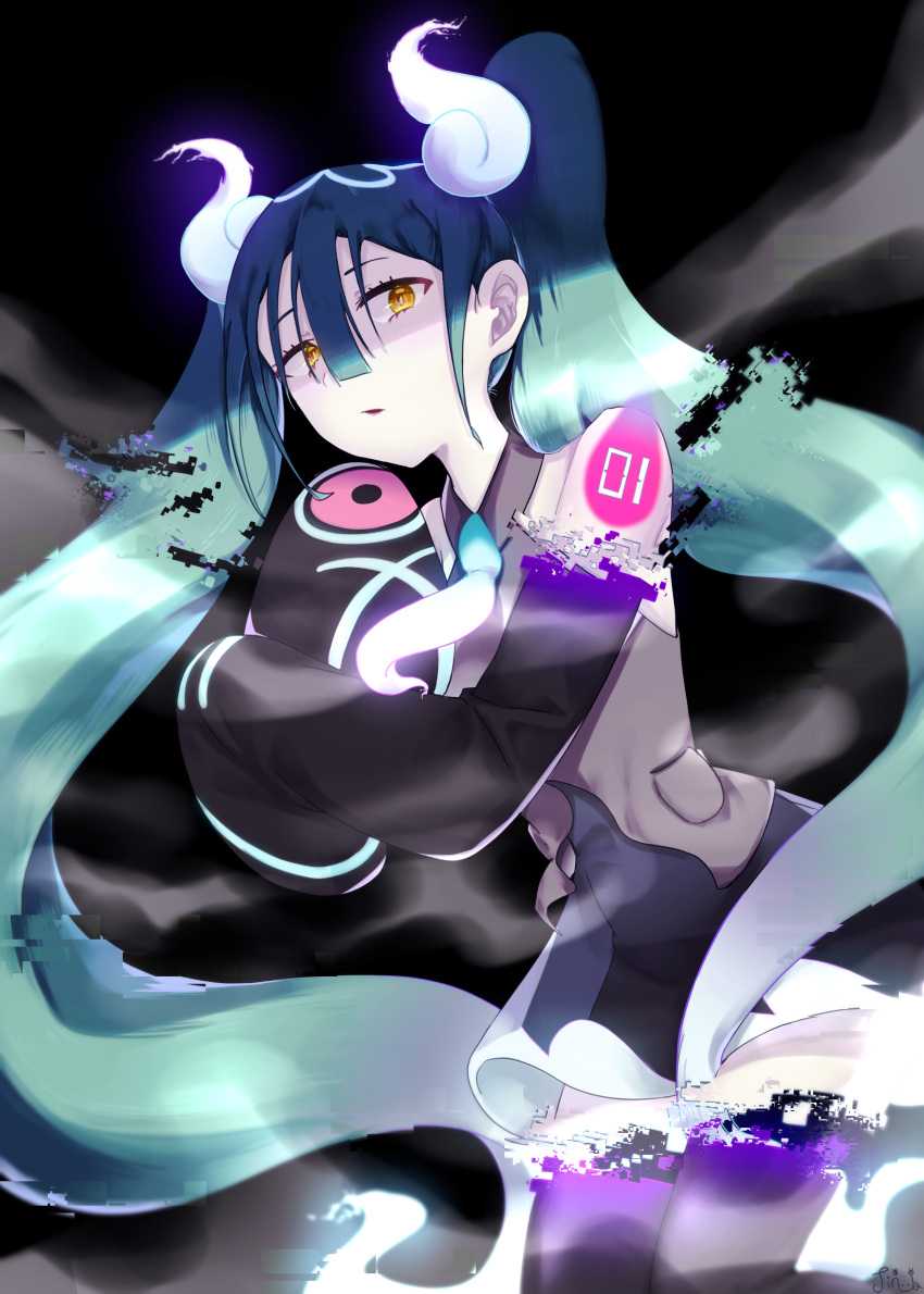 1girl absurdres aqua_hair black_thighhighs detached_sleeves ghost ghost_miku_(project_voltage) glitch gradient_hair grey_shirt hair_between_eyes hatsune_miku highres jinu long_hair looking_at_viewer multicolored_hair necktie pale_skin pokemon project_voltage see-through see-through_skirt shirt skirt sleeves_past_fingers sleeves_past_wrists thigh-highs twintails very_long_hair vocaloid will-o'-the-wisp_(mythology) yellow_eyes