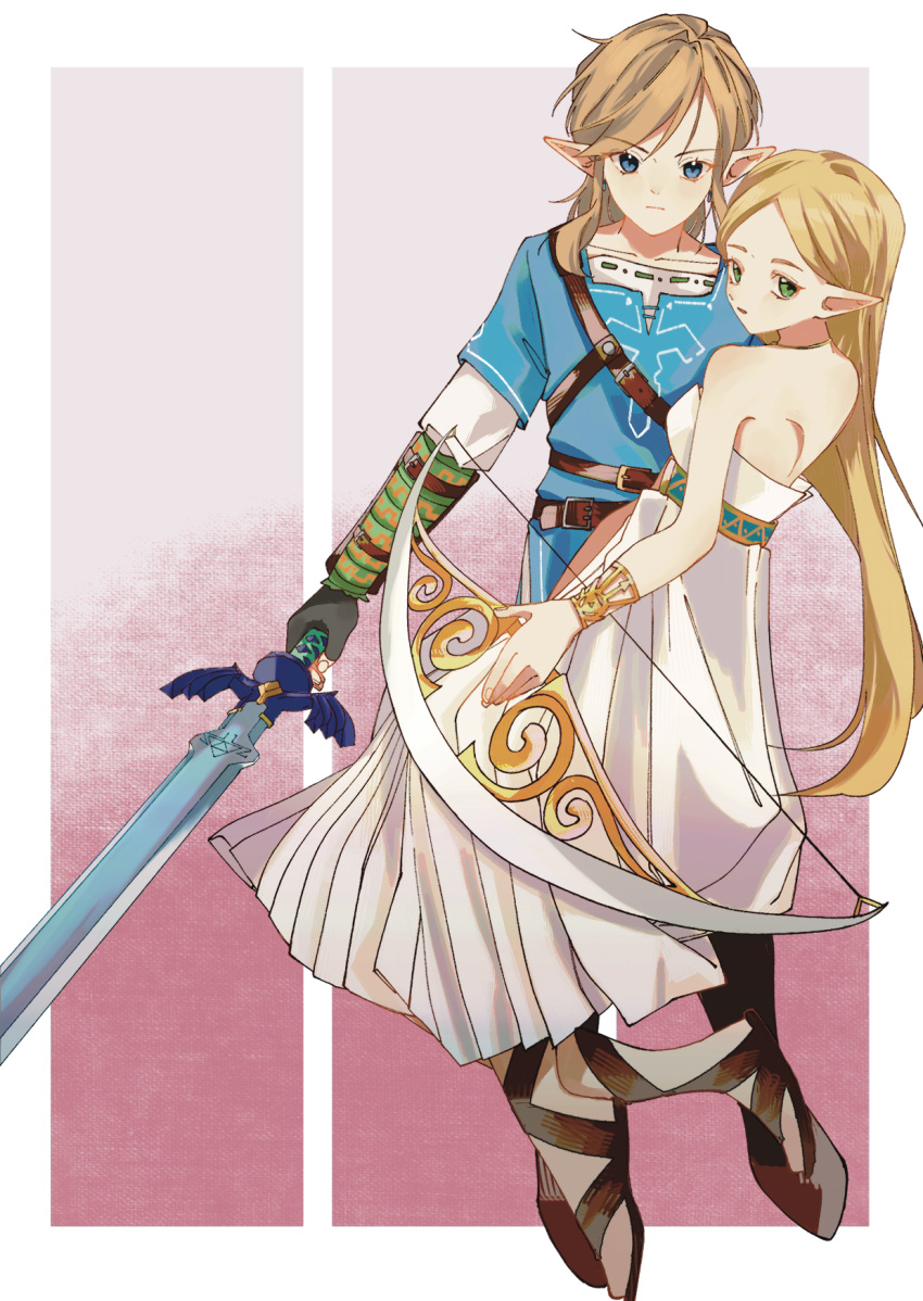 1boy 1girl armlet armor bare_shoulders belt belt_buckle blonde_hair blue_eyes blue_tunic border bow_(weapon) brown_belt brown_footwear buckle closed_mouth collarbone commentary_request dress eyelashes fingerless_gloves fingernails frown full_body gloves green_eyes grey_gloves highres holding holding_bow_(weapon) holding_sword holding_weapon layered_sleeves leaftin light_smile link long_hair long_sleeves looking_at_viewer medium_dress parted_lips pleated_dress pointy_ears princess_zelda red_background sandals sash shirt short_hair_with_long_locks short_over_long_sleeves short_sleeves single_strap sleeveless sleeveless_dress straight_hair sword the_legend_of_zelda the_legend_of_zelda:_breath_of_the_wild triangle_print v-shaped_eyebrows weapon white_border white_dress white_shirt