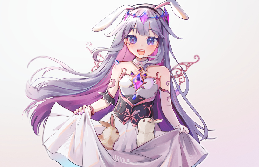 1girl aivysu animal_ears black_hairband blush colored_inner_hair detached_collar dress fake_animal_ears gem grey_hair hairband happy highres hololive hololive_english koseki_bijou long_hair looking_at_viewer multicolored_hair open_mouth pink_hair purple_nails rabbit rabbit_ears simple_background solo upper_body very_long_hair violet_eyes virtual_youtuber white_background wings