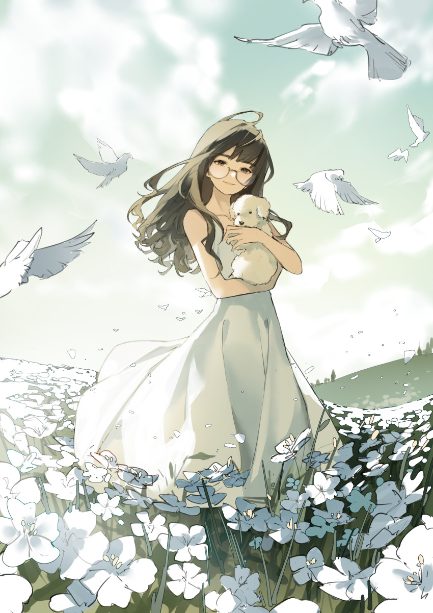 1girl absurdres animal bird black_hair brown_eyes clouds day dog dove dress feet_out_of_frame field flower flower_field glasses highres holding holding_animal long_hair looking_at_viewer original outdoors rachelee618 sleeveless sleeveless_dress smile solo spaghetti_strap standing wavy_hair white_dress white_flower wispy_bangs