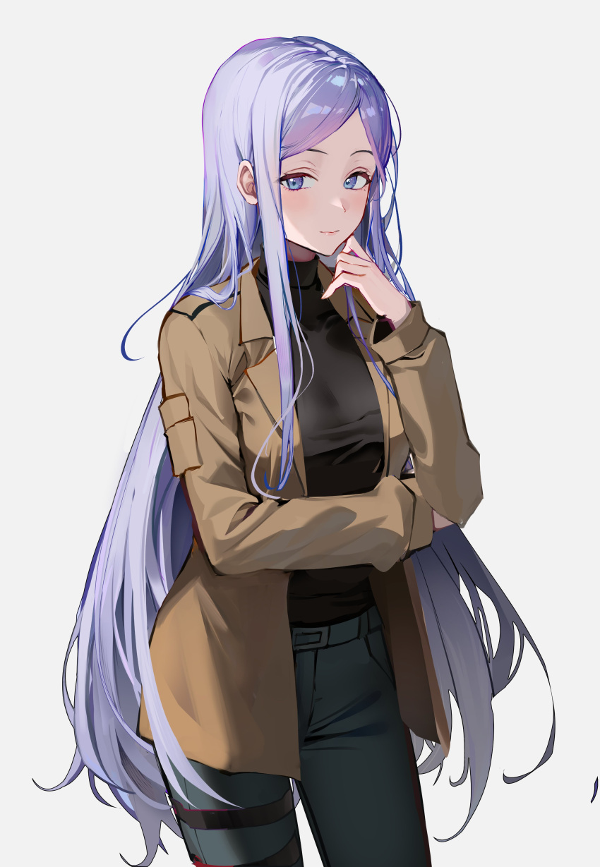 1girl 86_-eightysix- a_(sofi3103) absurdres anju_emma belt belt_buckle black_sweater blush brown_jacket buckle closed_mouth commentary_request highres jacket light_purple_hair long_hair long_sleeves looking_at_viewer open_clothes open_jacket pants simple_background smile solo sweater turtleneck turtleneck_sweater very_long_hair violet_eyes white_background