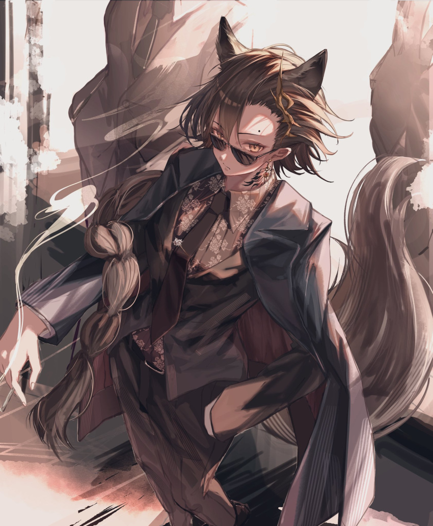 1girl abstract_background animal_ears arknights belt black_belt black_jacket black_pants black_suit black_vest braid brown_hair brown_theme cigarette collared_shirt commentary donata_(donatasama) feet_out_of_frame formal hand_in_pocket highres holding holding_cigarette jacket jacket_on_shoulders long_hair looking_at_viewer mole_above_eye neck_tattoo necktie pants penance_(arknights) red_necktie shirt smoke solo suit sunglasses tail tattoo very_long_hair vest white_shirt wolf_ears wolf_girl wolf_tail yellow_eyes