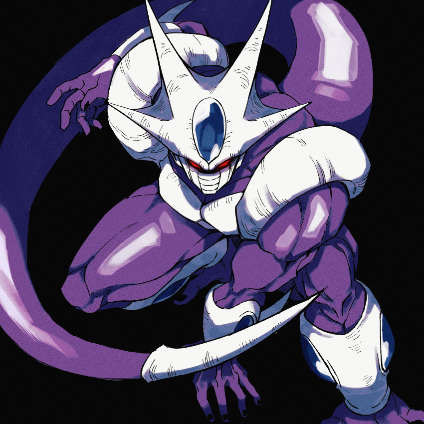 1boy alien black_background black_nails colored_skin cooler_(dragon_ball) cooler_(fifth_form)_(dragon_ball) dragon_ball dragon_ball_z highres living_(nsiring) looking_at_viewer male_focus mask mouth_mask muscular muscular_male no_pupils purple_skin red_eyes solo tail white_skin