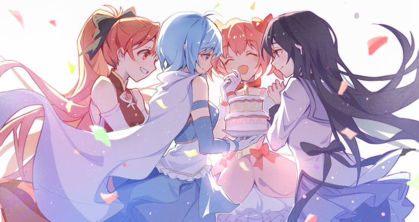 4girls absurdres akemi_homura back_bow black_bow black_hair blue_dress blue_eyes blue_hair blue_sleeves bow cake candle cape closed_eyes cloudyman commentary_request confetti cowboy_shot detached_sleeves dress food gloves grin hair_bow hand_up highres holding holding_plate kaname_madoka long_sleeves magical_girl mahou_shoujo_madoka_magica miki_sayaka multiple_girls open_mouth pink_dress pink_hair plate ponytail purple_skirt red_bow red_dress red_eyes redhead sakura_kyoko shirt short_hair simple_background skirt smile soul_gem white_background white_cape white_gloves white_shirt