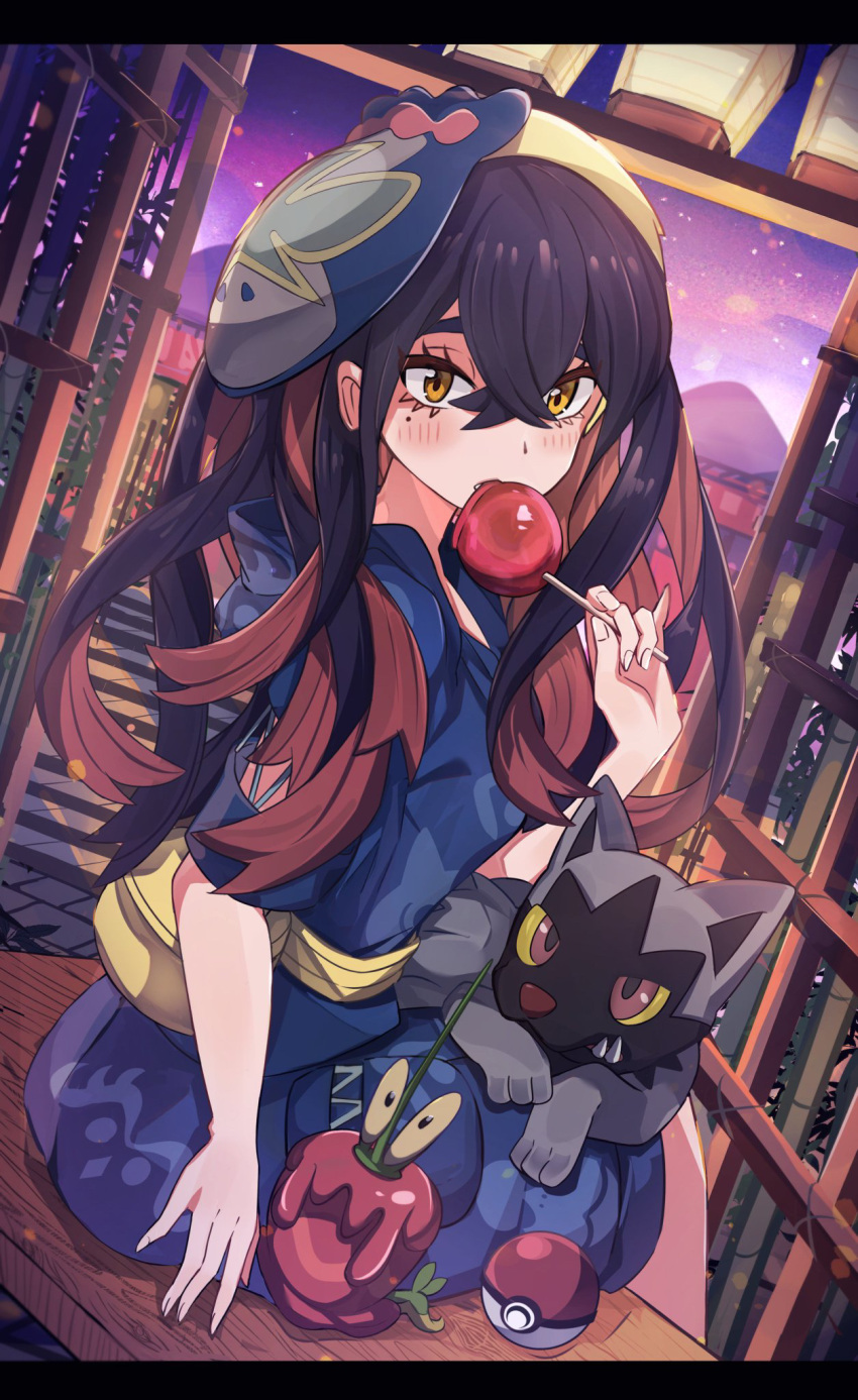 1girl black_hair blush candy candy_apple carmine_(pokemon) crossed_bangs dipplin eyelashes food hair_between_eyes highres holding holding_candy holding_food japanese_clothes jinbei_(clothes) lantern long_hair looking_at_viewer mask mask_on_head mole mole_under_eye multicolored_hair paper_lantern poke_ball pokemon pokemon_(creature) pokemon_(game) pokemon_sv poochyena redhead sitting two-tone_hair umiru yellow_eyes