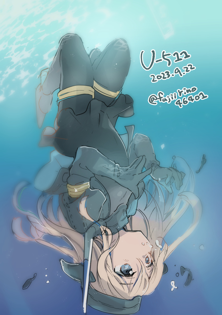 1girl absurdres air_bubble blue_eyes blue_jacket bodysuit bubble cropped_jacket dated diving_suit fujii_rino garrison_cap grey_hair hair_between_eyes hat highres jacket kantai_collection long_hair solo twitter_username u-511_(kancolle) underwater upside-down wetsuit