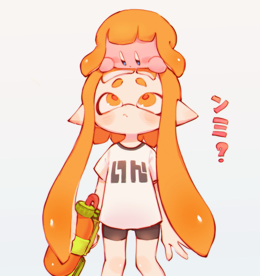 1girl :o bike_shorts black_shorts blue_eyes blunt_bangs blush blush_stickers closed_mouth commentary_request copy_ability gun highres holding holding_gun holding_weapon inkling inkling_girl kirby kirby_(series) long_hair looking_at_another looking_down looking_up on_head orange_eyes orange_hair pi_q pointy_ears print_shirt shirt short_eyebrows short_shorts short_sleeves shorts simple_background splatoon_(series) splattershot_(splatoon) standing super_smash_bros. t-shirt tentacle_hair thick_eyebrows translation_request very_long_hair weapon white_background white_shirt