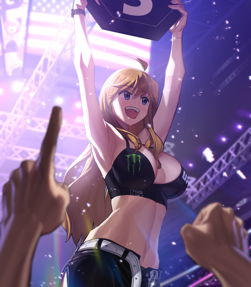 1girl absurdres ahoge belt black_shorts blue_eyes blush breasts brown_hair commission crowd hair_between_eyes highres idolmaster idolmaster_million_live! jerry63 large_breasts long_hair open_fly open_mouth pixiv_commission shorts smile tokoro_megumi watch watch
