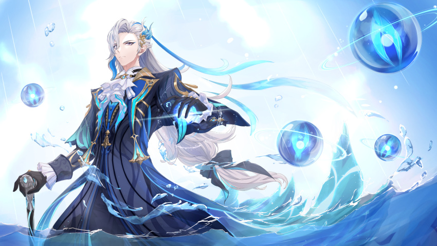 1boy ascot black_gloves bow brooch cane closed_mouth energy_ball feather_hair_ornament feathers fuyuni0307 genshin_impact gloves gold_trim hair_bow hair_ornament highres jewelry long_hair looking_at_viewer low-tied_long_hair male_focus neuvillette_(genshin_impact) solo water white_ascot white_hair