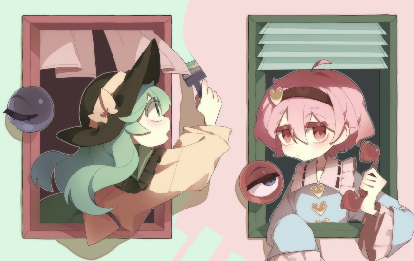 2girls black_hairband black_headwear bow closed_mouth commentary_request green_eyes green_hair hair_between_eyes hairband hat hat_bow heart highres holding holding_phone komeiji_koishi komeiji_satori korean_commentary long_hair long_sleeves looking_at_viewer multiple_girls painting_(action) phone pink_hair pinkish_scarlet red_eyes short_hair siblings sisters third_eye touhou upper_body window yellow_bow