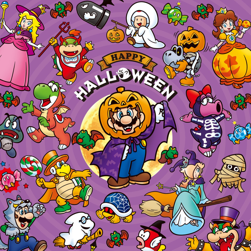 4girls 6+boys bandages birdo blonde_hair blooper_(mario) blue_eyes blue_overalls boots bow bowser bowser_jr. broom broom_riding brown_footwear brown_hair bullet_bill buzzy_beetle candy cape cheep_cheep crown dress dry_bones earrings elbow_gloves english_text facial_hair flower_earrings food ghost_costume glasses gloves goomba green_footwear green_shirt hair_over_one_eye halloween_costume hammer_brothers hat highres holding holding_candy holding_food holding_lollipop holding_pitchfork holding_wand jack-o'-lantern jewelry light_blue_dress lollipop long_hair luigi magikoopa mario mario_(halloween) multiple_boys multiple_girls mustache nakaue_shigehisa_(style) official_alternate_costume official_art open_mouth orange_cape orange_dress overalls pink_bow pink_dress pitchfork princess_daisy princess_peach princess_peach_(halloween) puffy_short_sleeves puffy_sleeves purple_background purple_cape purple_headwear rosalina round_eyewear shirt short_sleeves sphere_earrings super_mario_bros. swirl_lollipop swoop_(mario) teeth toad_(mario) top_hat wand white_gloves witch_hat wolf_hood wolf_paws yoshi