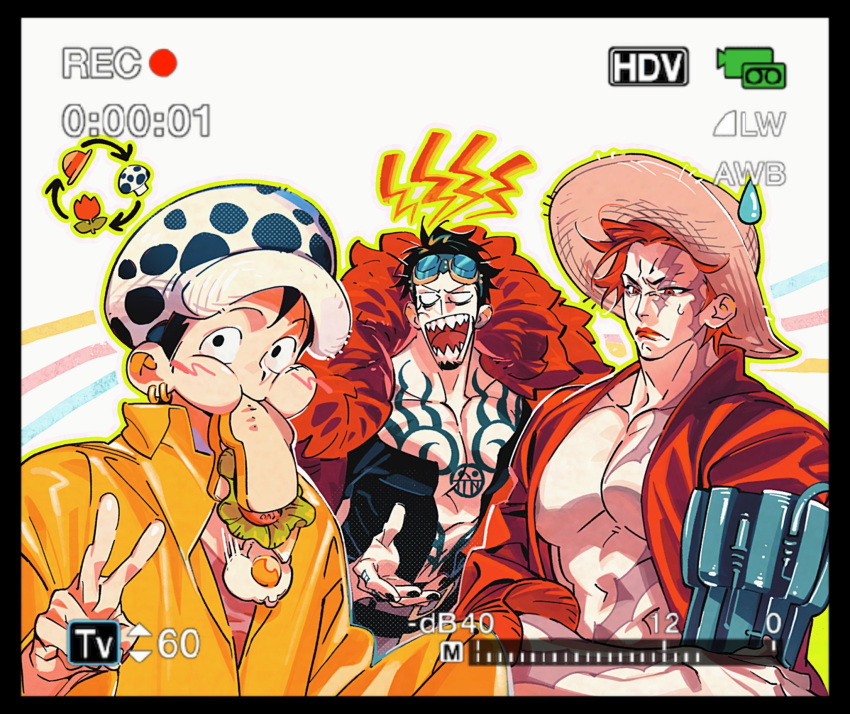 3boys angry black_hair blush cheek_bulge chest_tattoo collared_shirt cosplay costume_switch eustass_kid eustass_kid_(cosplay) failure food food_in_mouth fur_coat goggles goggles_on_head hat highres kithwith_(kith_0121) large_pectorals long_sideburns looking_at_another male_focus monkey_d._luffy monkey_d._luffy_(cosplay) multiple_boys muscular muscular_male one_piece open_clothes open_shirt pectoral_cleavage pectorals recording red_shirt redhead sandwich scar scar_on_chest sharp_teeth shirt short_hair sideburns sleeves_past_fingers sleeves_past_wrists straw_hat sweatdrop tattoo teeth thick_eyebrows trafalgar_law trafalgar_law_(cosplay) upper_body v viewfinder